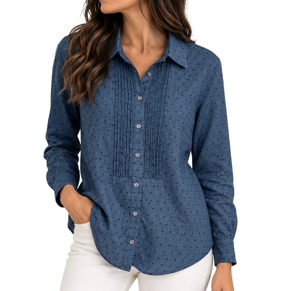 Talbots Medium Blue Long Sleeve Denim Chambray Look Blouse Shirt Top Formal